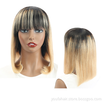 Cheap Ombre Colored Straight Short Bob Curly Human Hair Wig Blonde Brazilian None Lace Remy Hair Wigs with Bangs for Black Women